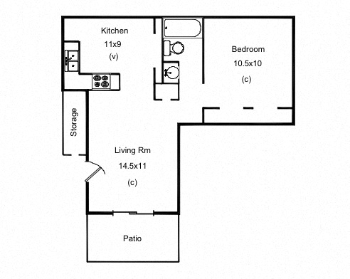 Floor plan for 1 bed, 1 bath, 488 sqft